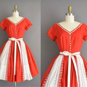 1950s Red and White Holiday Dress, 50s Fit and Flare Dress, 1950s Dress